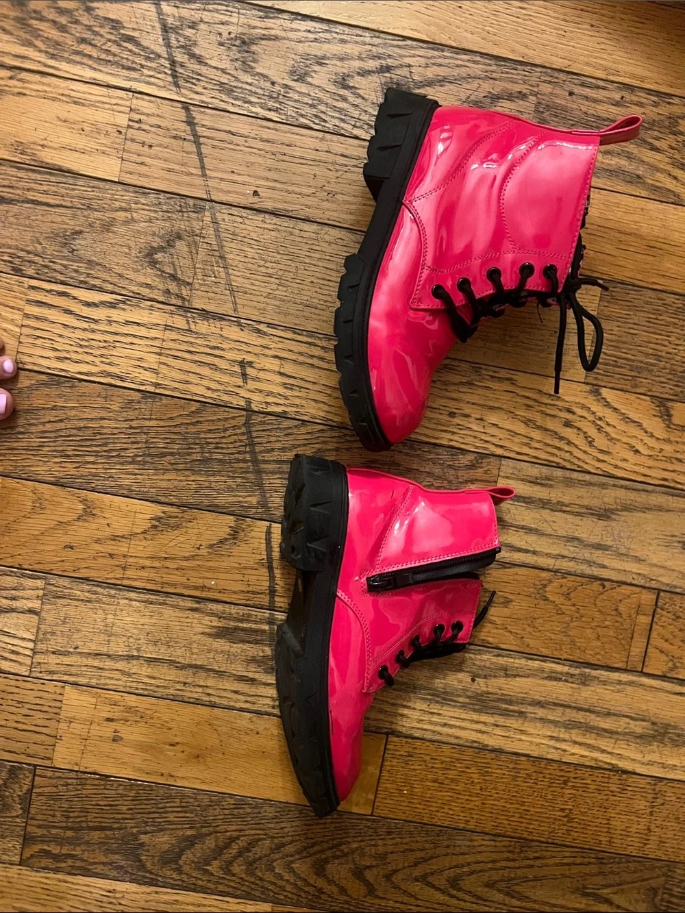 Girls' Glossy Hot Pink Lace-Up Ankle Boots